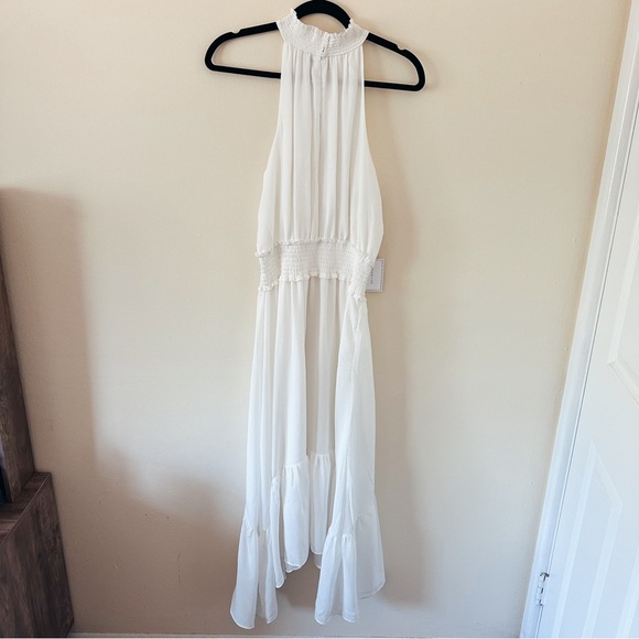 1.STATE High Mock Halter Neck Tiered Ruffle Midi White Ivory Smocked Waist Dress - Picture 3 of 7